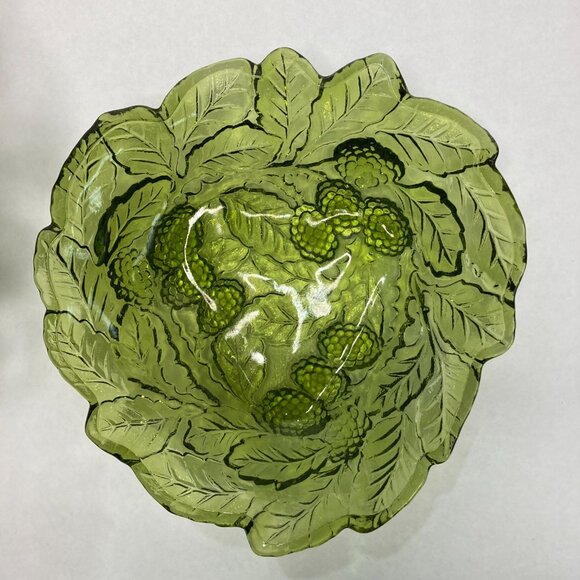Indiana Green Glass Loganberry and Leaf Pattern Vintage Candy Dish - Bowl - Picture 2 of 10